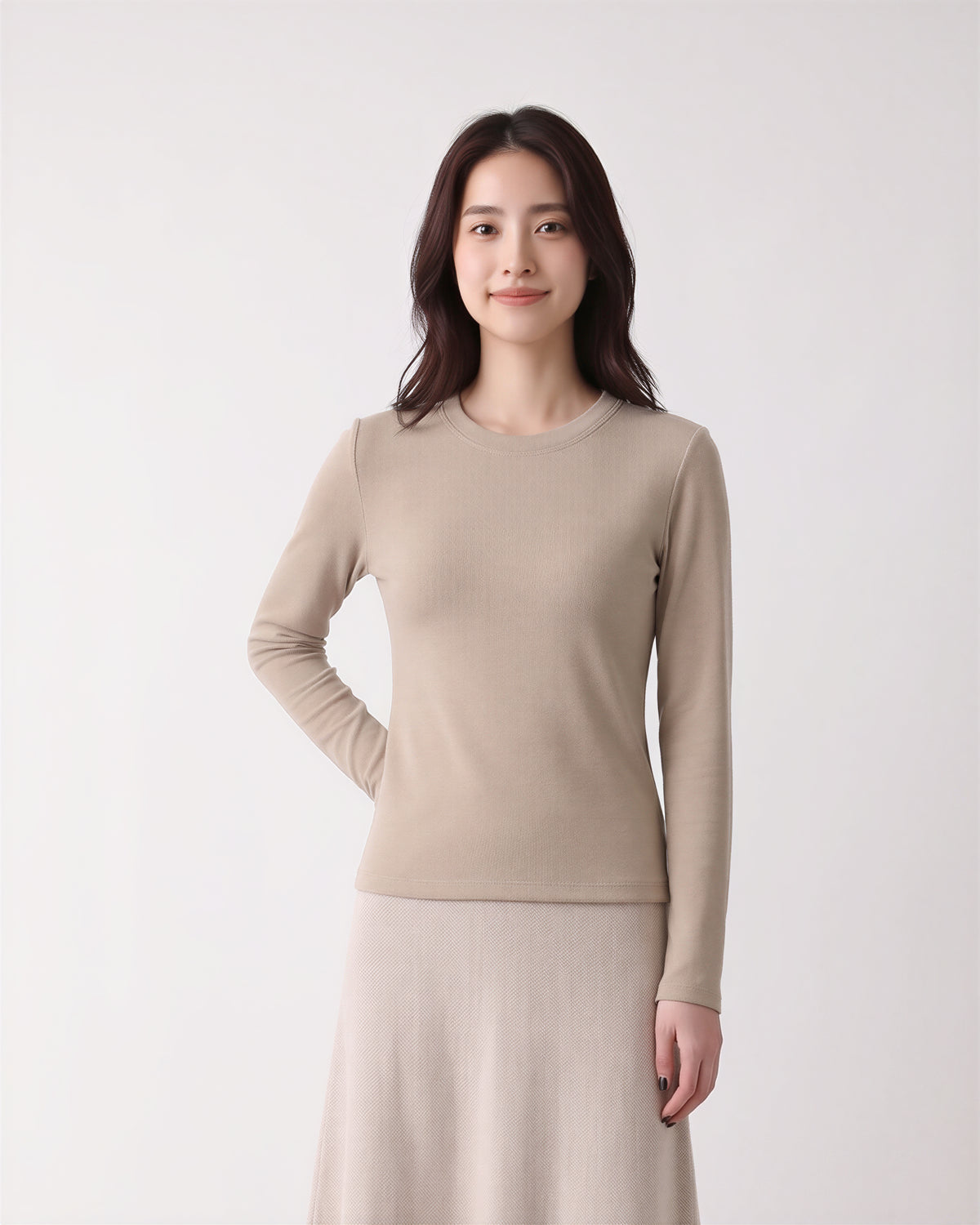 圓領修身長袖T恤-卡其棕色-3XL
