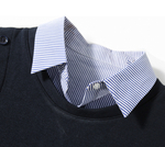 「兩色」「秋季新品 」M-2XL 條紋拼接錯位下擺假兩件襯衫