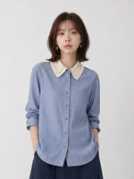 「秋季新品 」蕾絲翻領條紋襯衫
