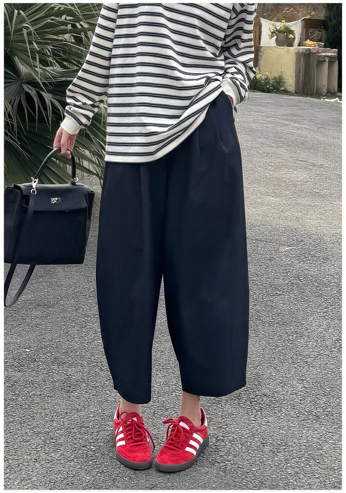 高腰打褶寬鬆寬褲