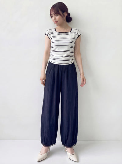 側抽繩無袖上衣寬腿打褶長褲兩件套