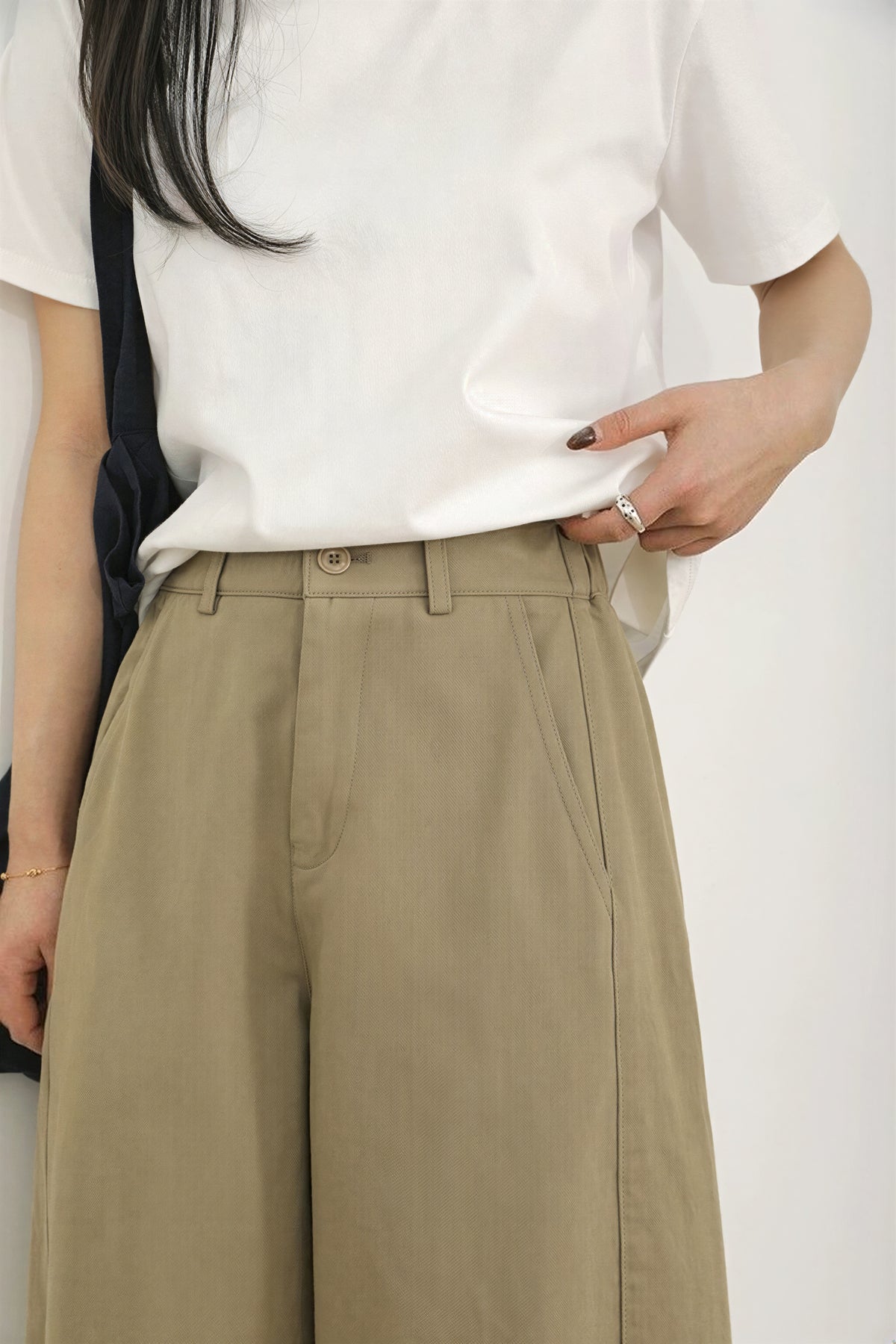 棉質內包邊日系鬆弛感 高腰打褶寬鬆寬褲