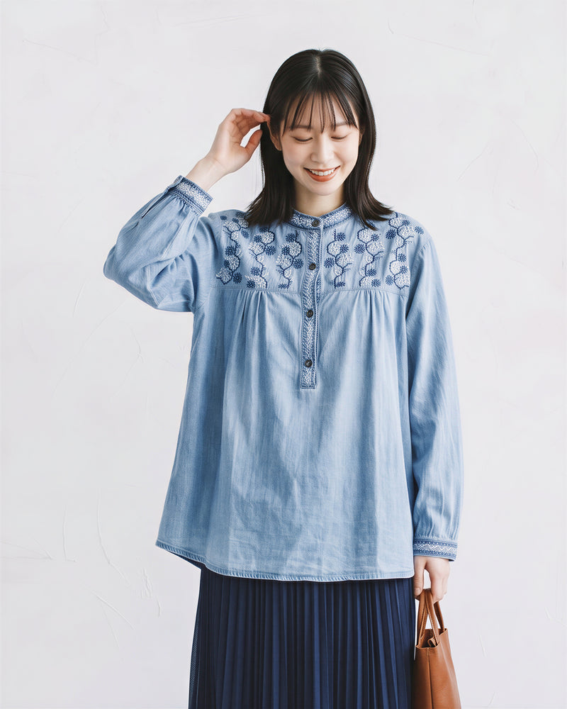 「秋季新品 」 M-2XL 刺繡立領寬鬆襯衫
