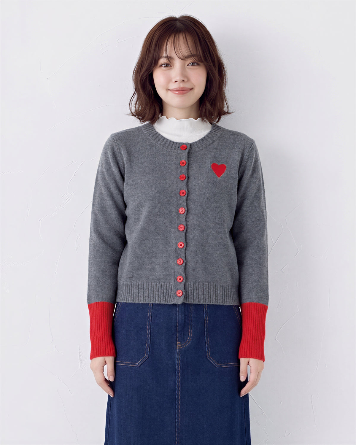 「秋季新品 」撞色羅紋愛心刺繡針織開襟衫