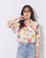 「秋季新品 」S-XL 米色塗鴉印花寬鬆襯衫