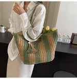 條紋編織 流蘇吊飾 草編手提單肩包