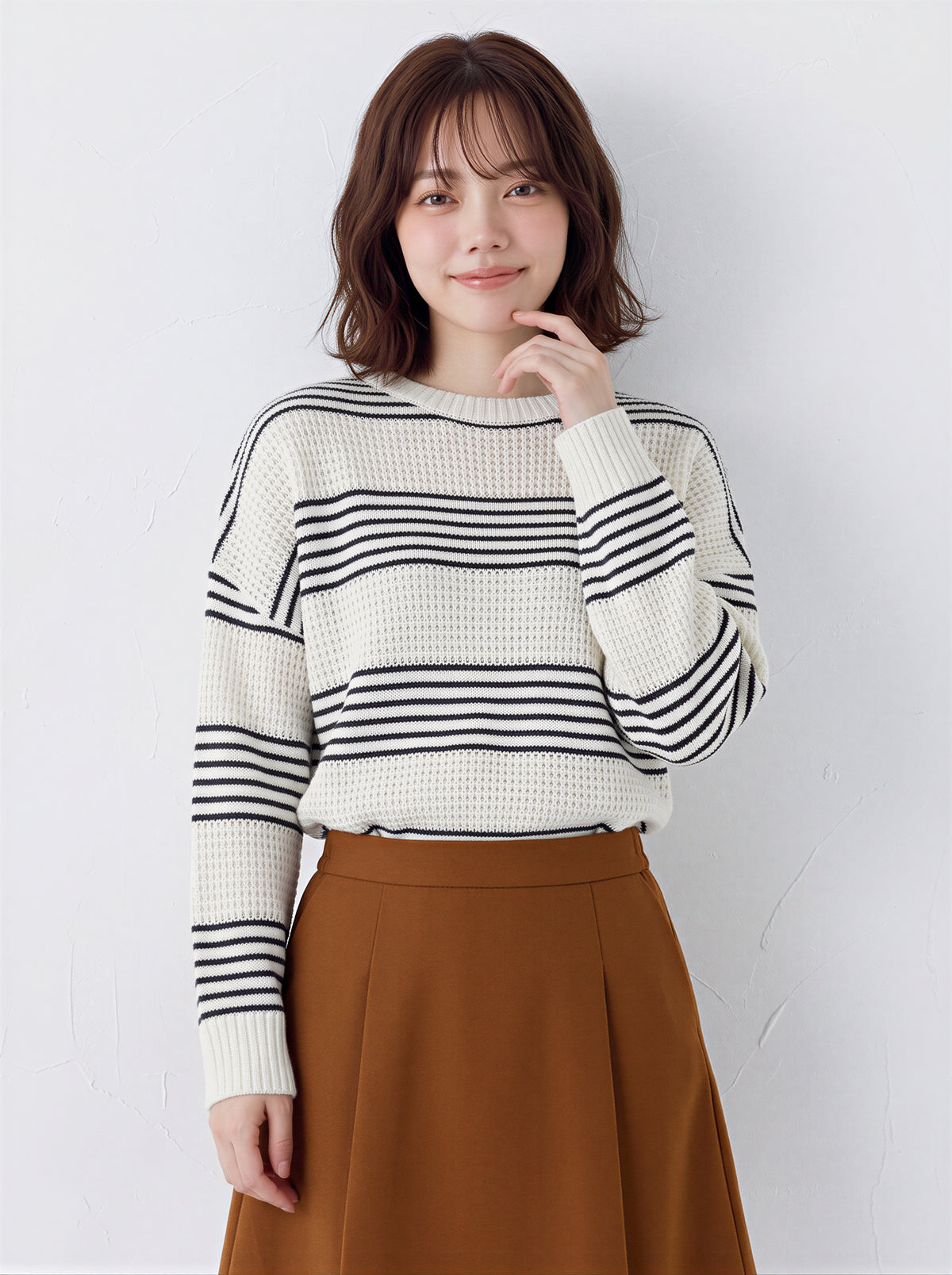 「秋季新品 」「兩色」條紋寬鬆落肩針織衫