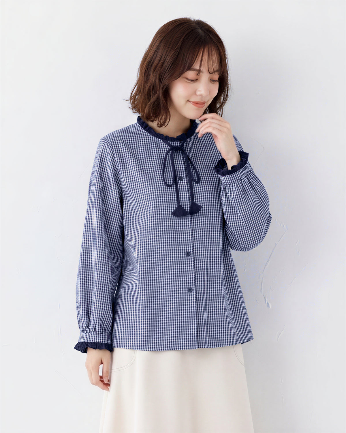 「秋季新品 」S-2XL 木耳邊綁帶格紋襯衫