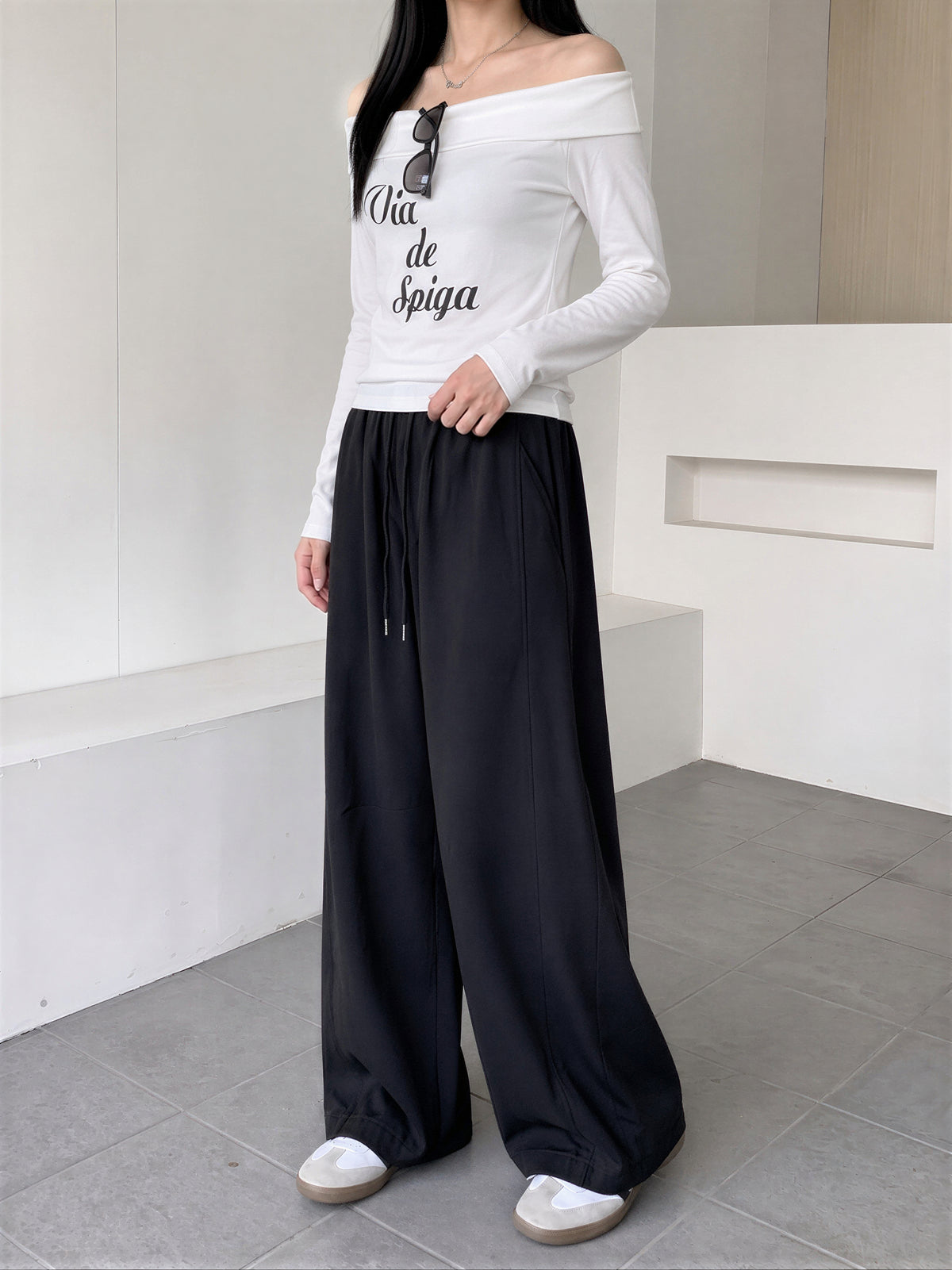 「秋季新品 」「4色」M-XL 高腰抽繩拖地寬褲