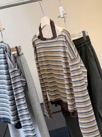 「兩色」S-XL 斜肩露膚條紋假兩件T恤