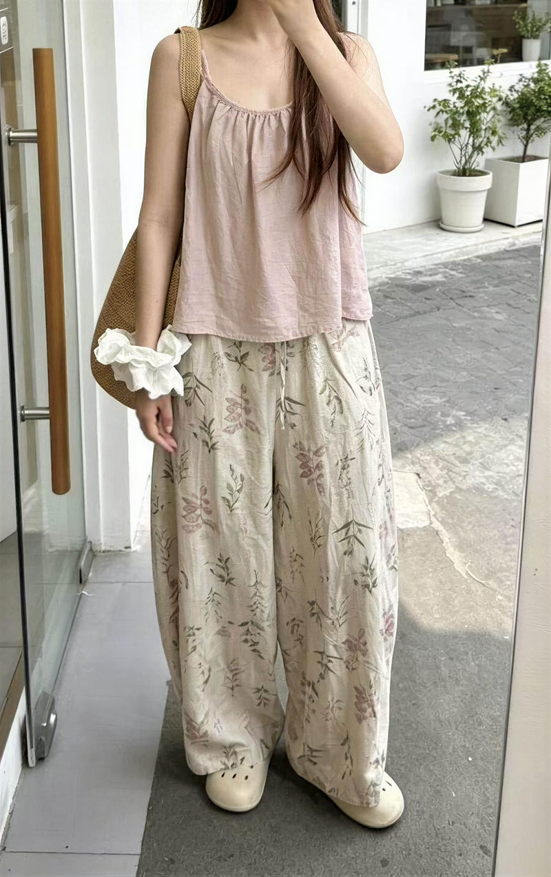 「兩色」M-2XL 植物印花寬鬆寬褲