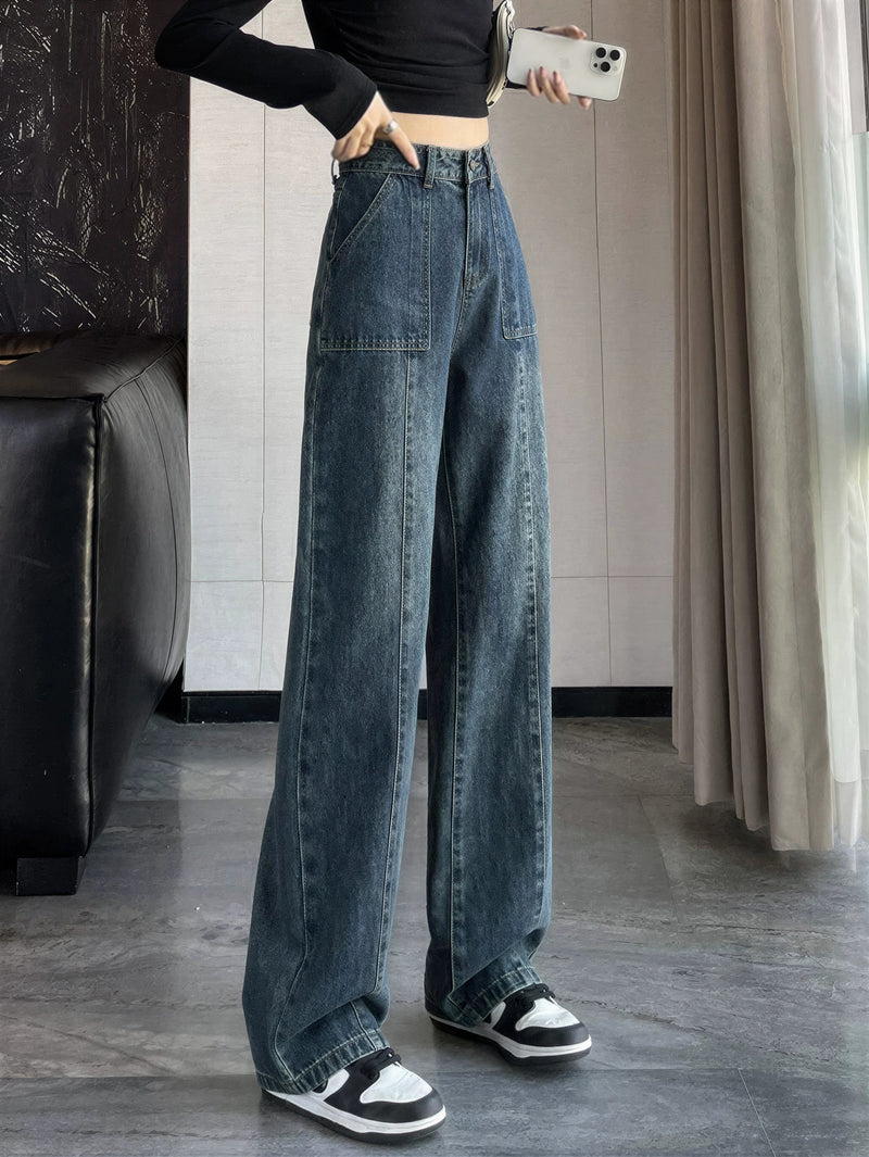 高腰直筒寬褲牛仔褲-深藍色-2XL