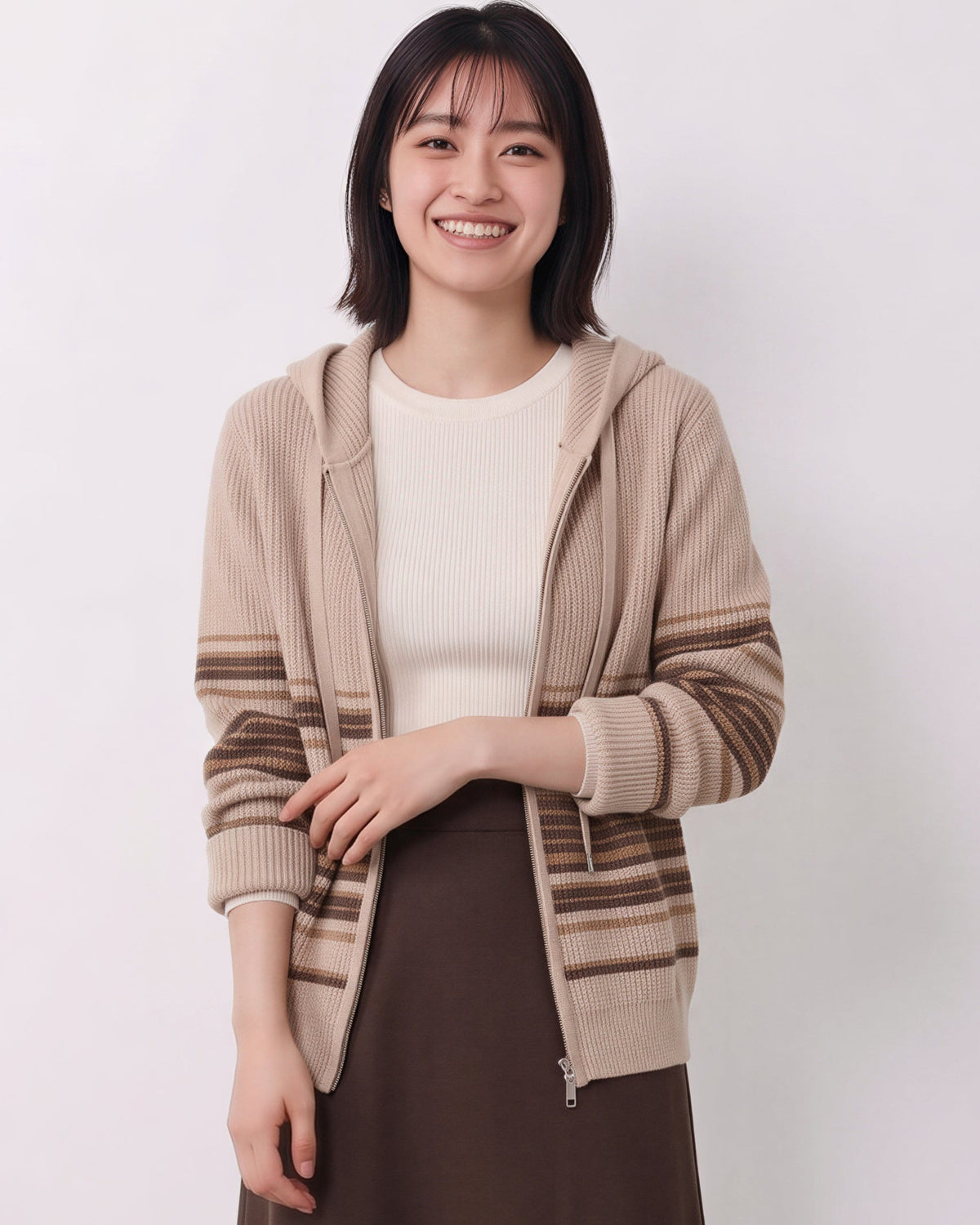 「秋季新品 」「兩色」連帽抽繩條紋拼接針織開襟外套