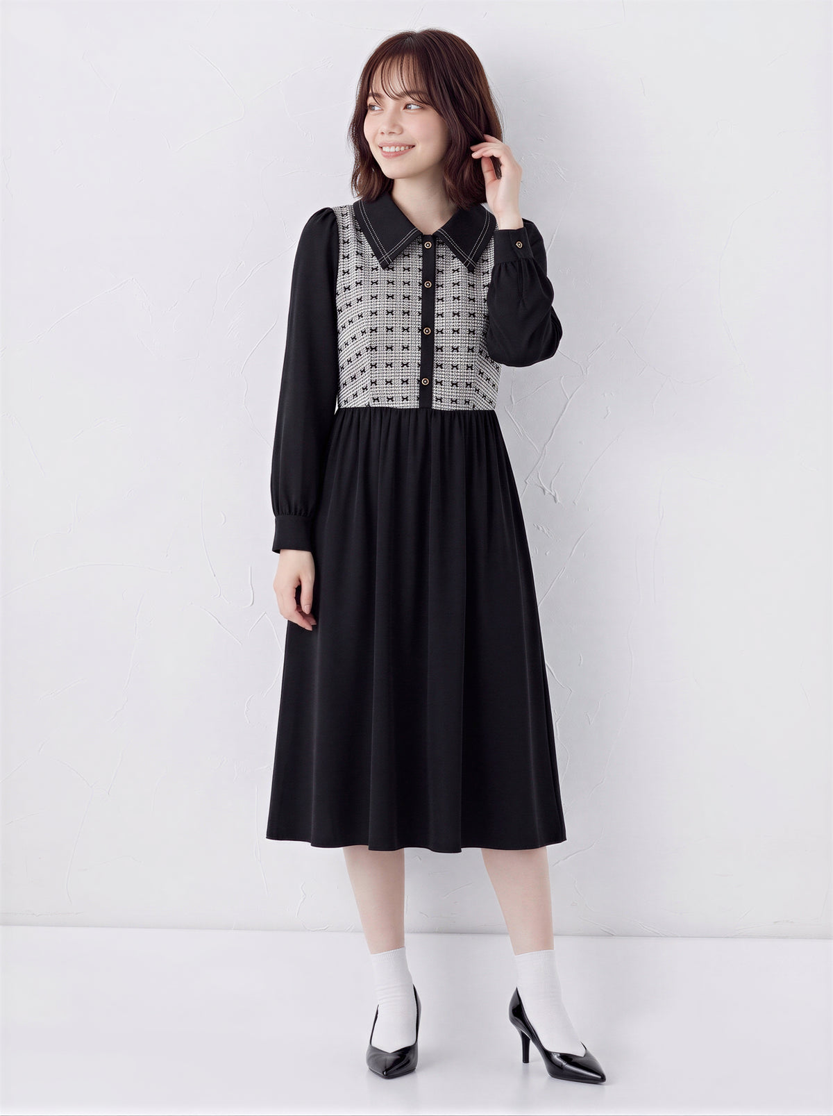 「秋季新品 」S-XL 拼接翻領收腰襯衫長袖洋裝