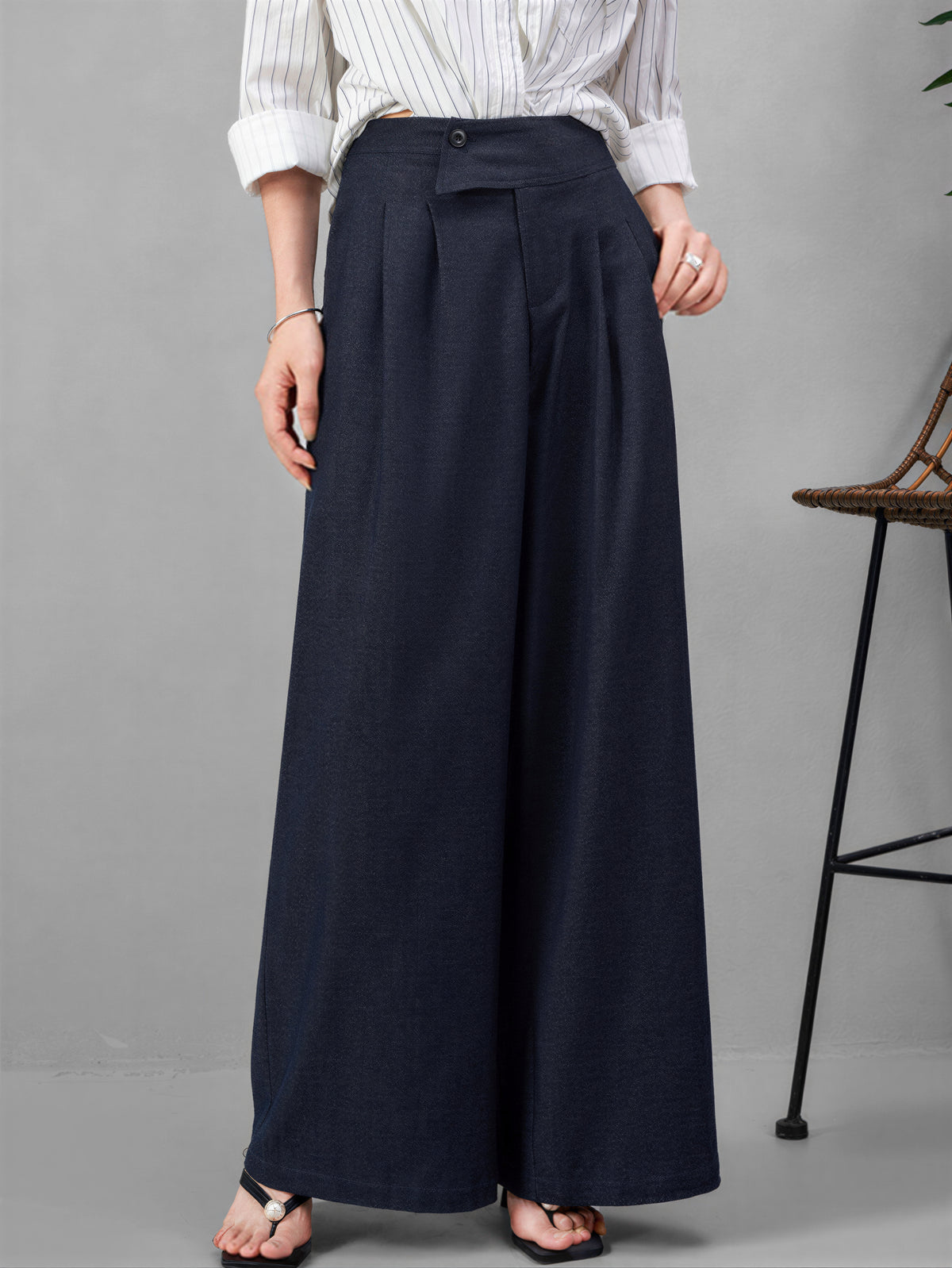 「秋季新品 」S-XL 深藍色高腰垂墜感不對稱寬褲