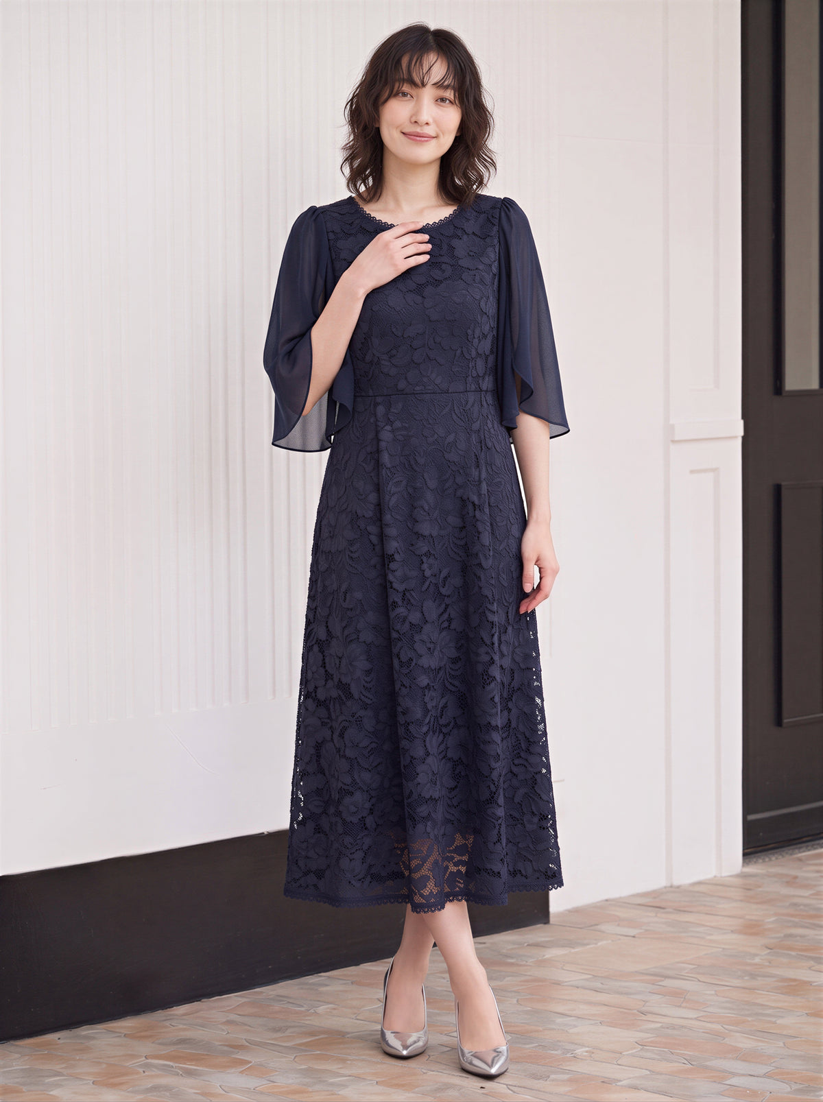 「秋季新品 」「3色」S-2XL 品質披肩袖收腰 | 蕾絲洋裝