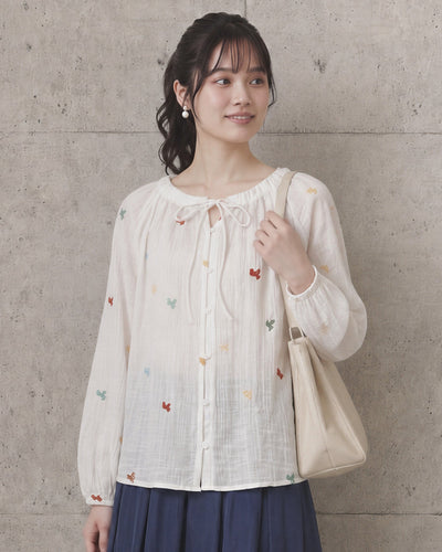 「秋季新品 」 S-XL 白色荷葉邊 | 綁帶刺繡襯衫