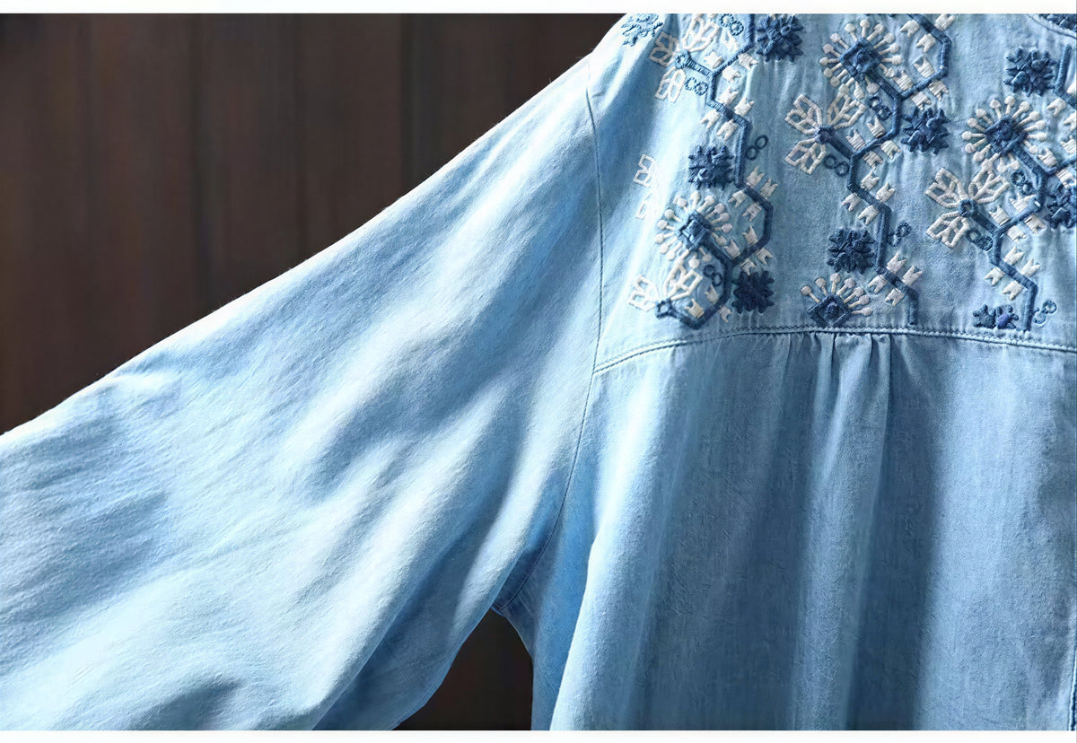 「秋季新品 」 M-2XL 刺繡立領寬鬆襯衫