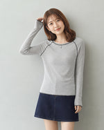 「秋季新品 」S-XL 灰色修身撞色滾邊插肩長袖打底T恤