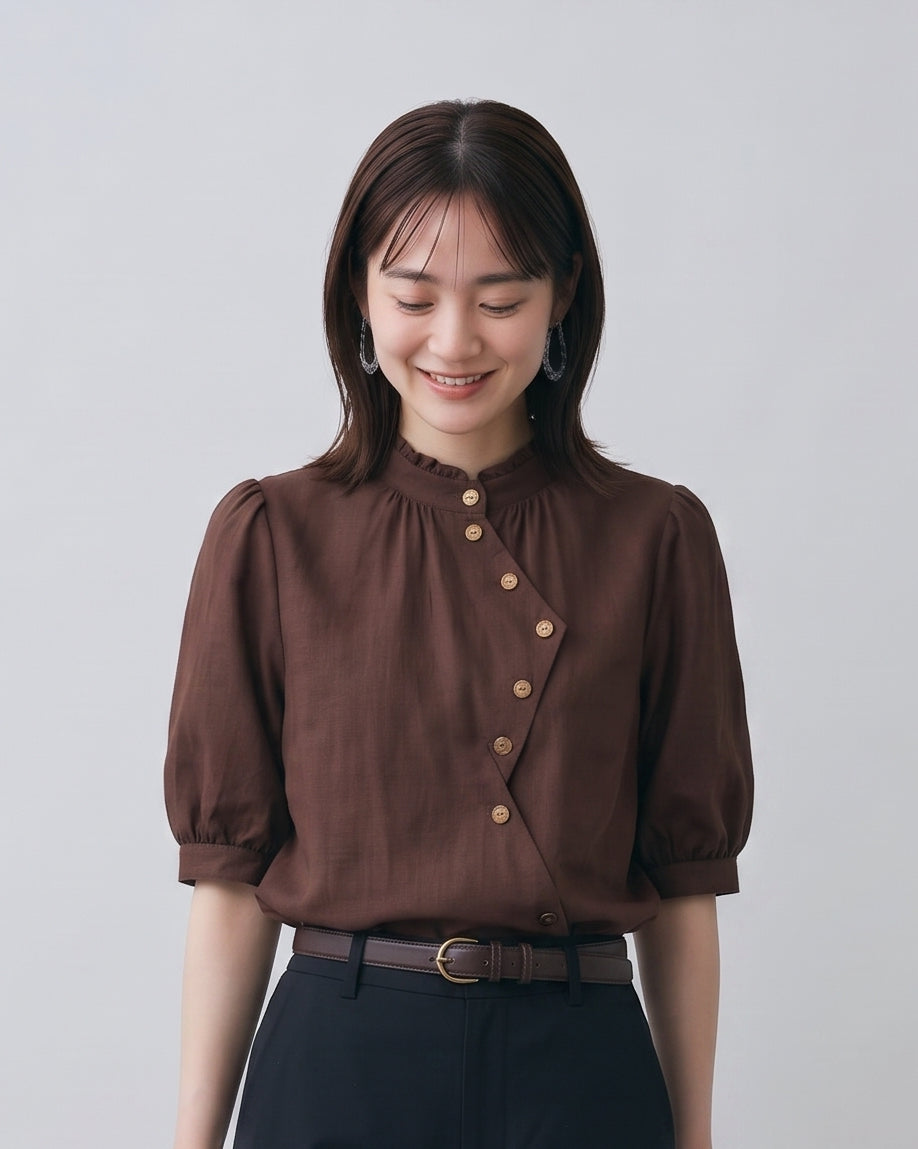 S-2XL 木耳邊斜襟泡泡袖襯衫