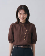 S-2XL 木耳邊斜襟泡泡袖襯衫