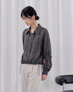 L-3XL 灰色抽繩收腰斜襟襯衫