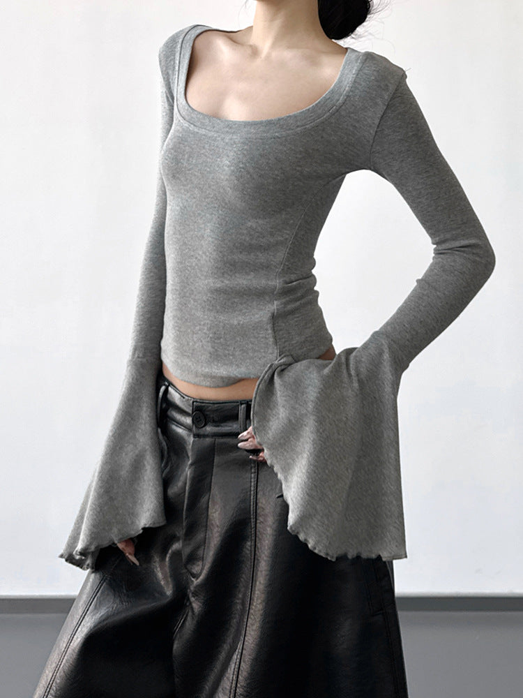 S-XL 高級感 U领個性喇叭袖 | 修身打底衫