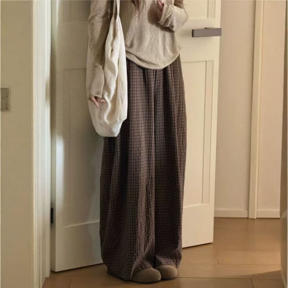 「秋季新品 」「4色」S-XL 寬鬆闊腿格紋運動褲