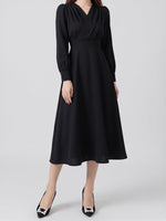 「3色」「秋季新品 」S-XL V領褶襉高腰長袖洋裝