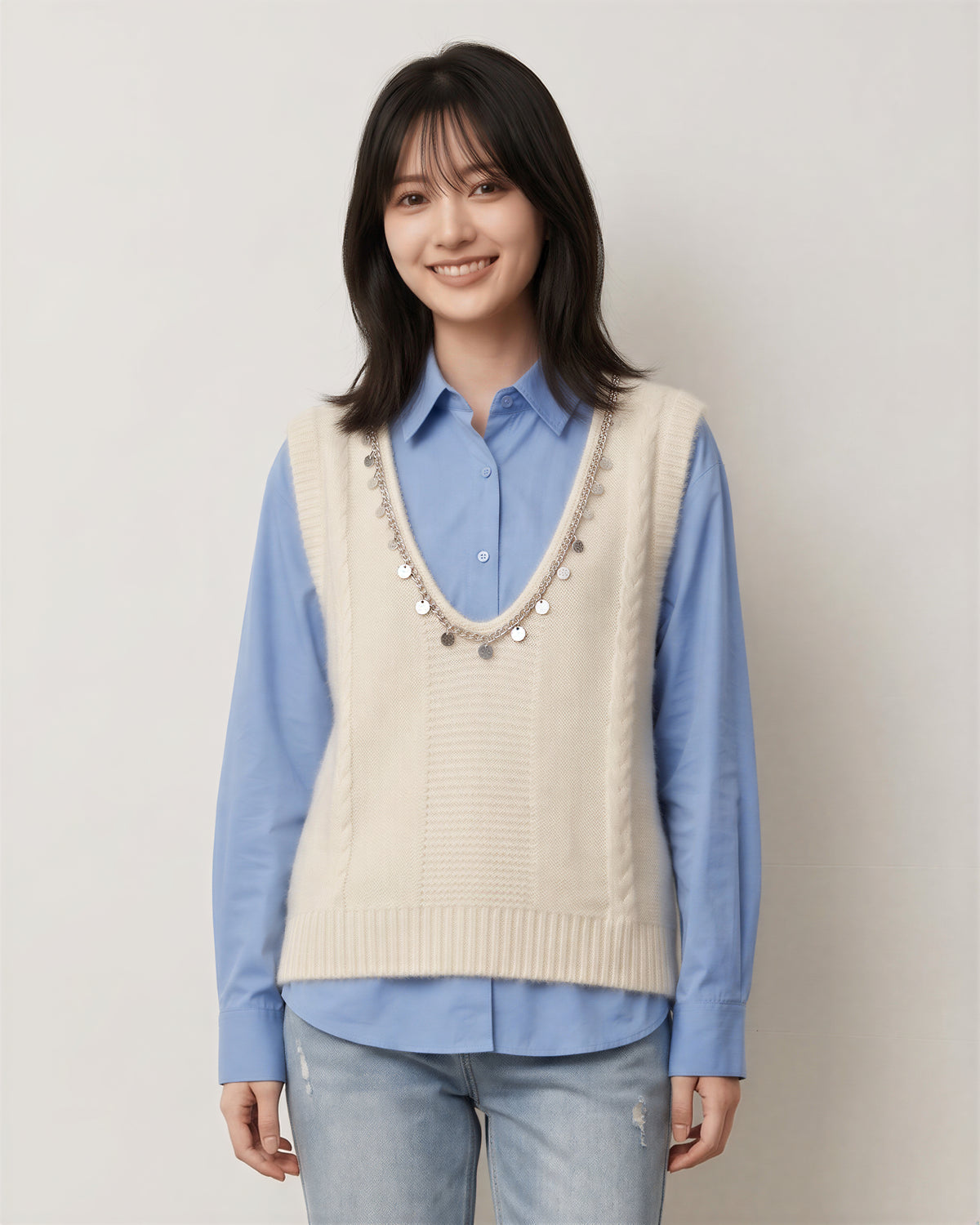 S-XL 米色珠飾V領毛絨感針織背心