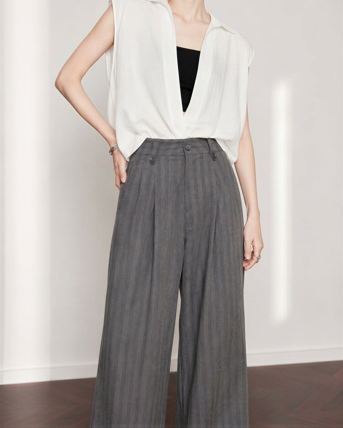 「秋季新品 」「2色」S-L 高腰打褶寬褲