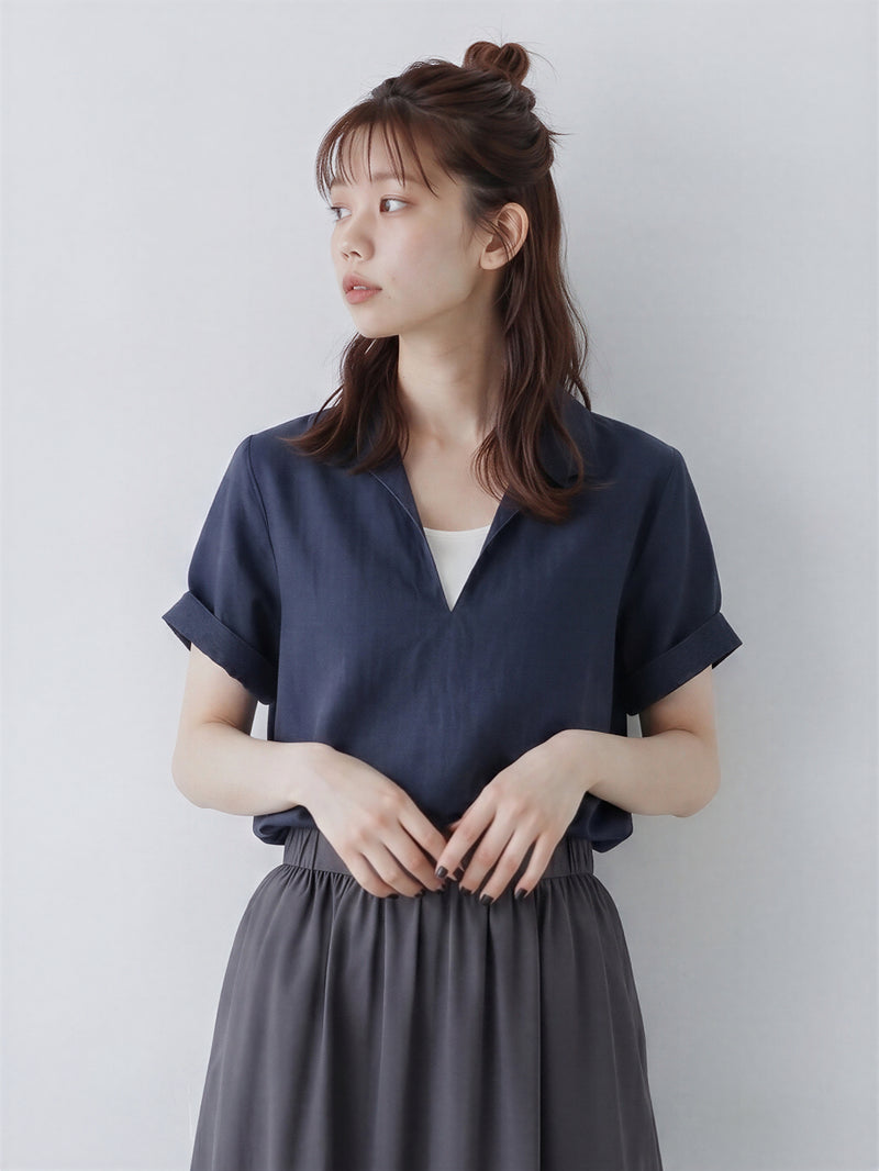 「兩色」S-XL 翻領V領捲邊袖假兩件襯衫