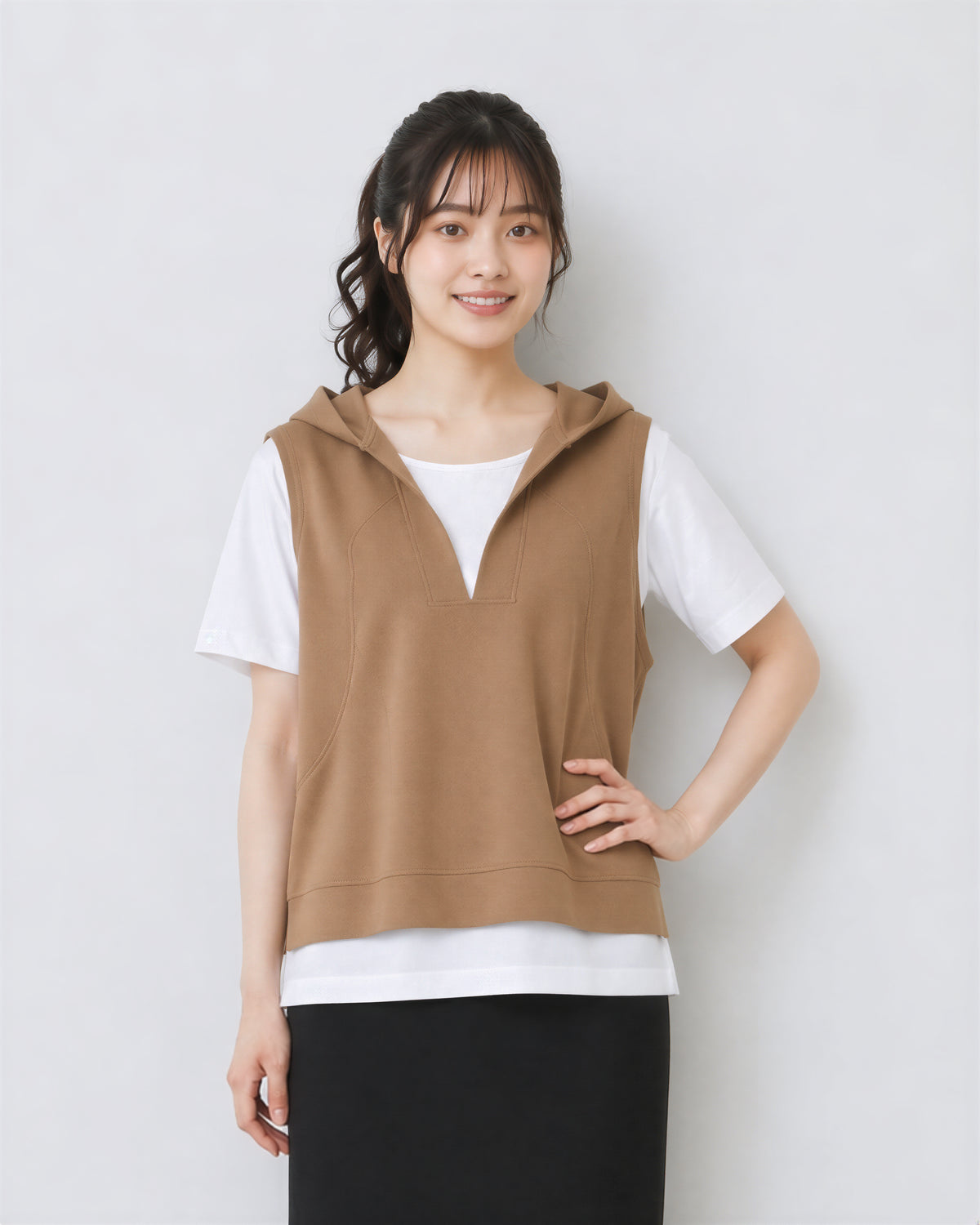 連帽V領開衩假兩件T恤-摩卡色-3XL