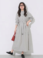 「秋季新品 」M-L 立領綁帶寬鬆襯衫洋裝