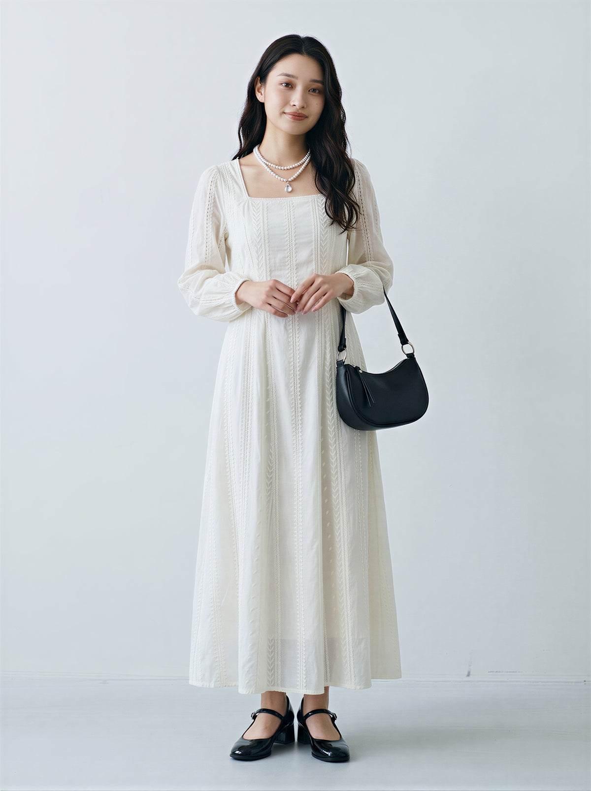 「秋季新品 」S-2XL 白色收腰飄逸蕾絲洋裝