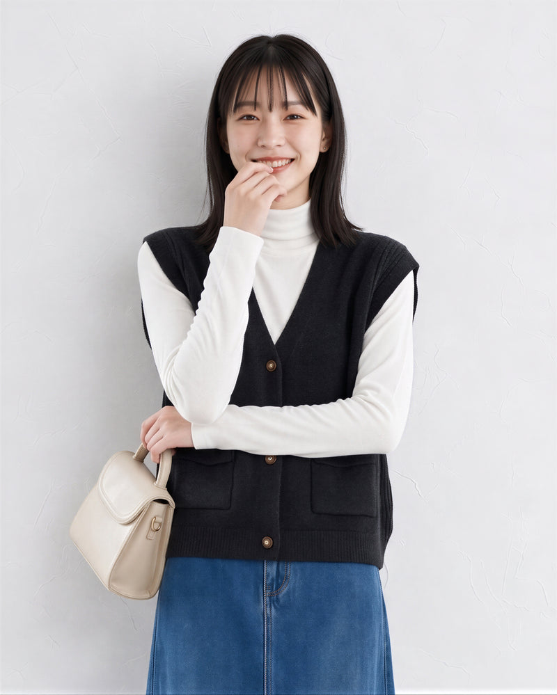 「秋季新品 」V領排釦寬肩針織背心