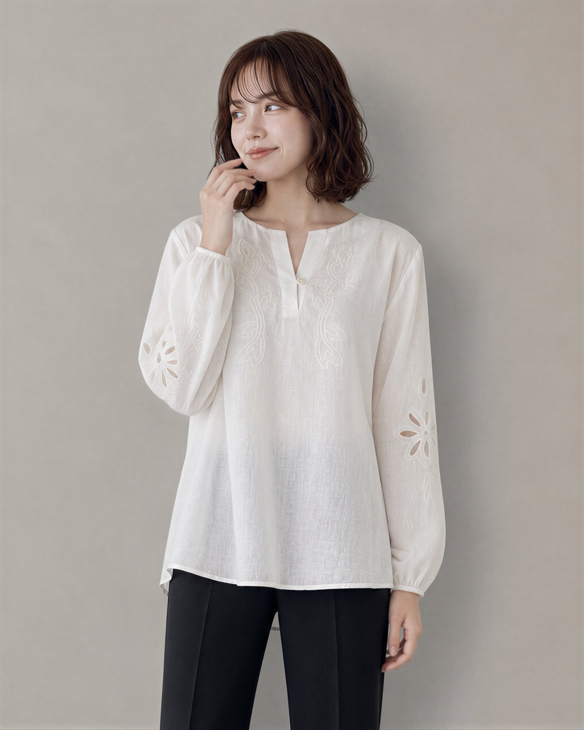 白色鏤空刺繡燈籠袖襯衫-白色-2XL