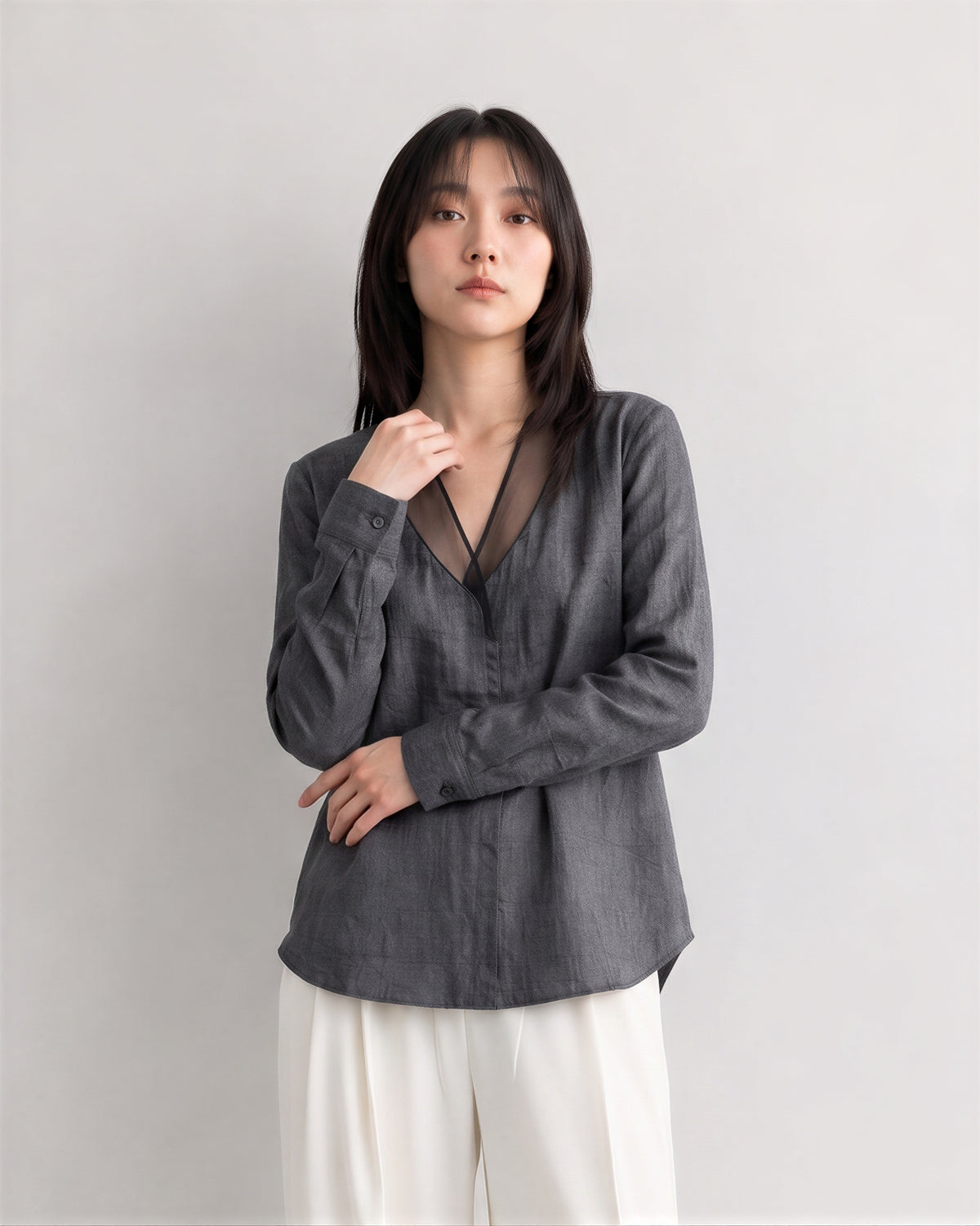 「秋季新品 」S-XL 灰色網紗拼接深V襯衫