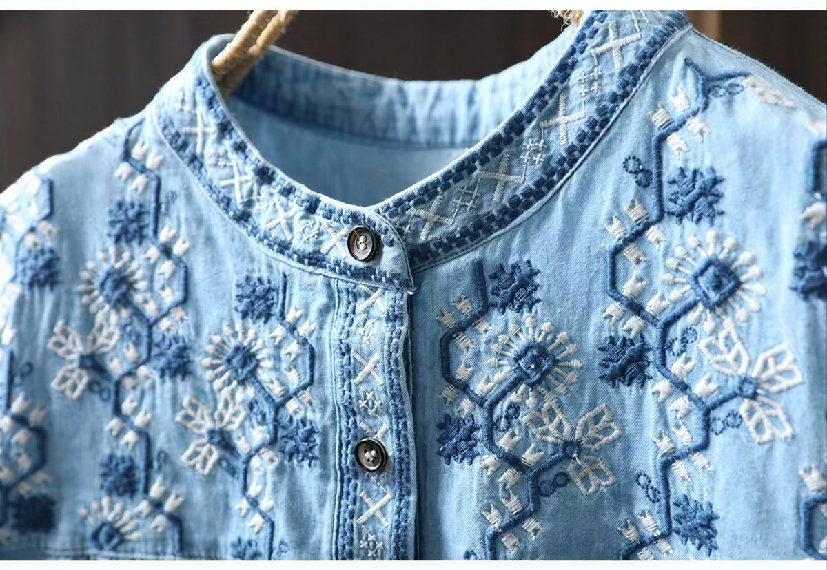 「秋季新品 」 M-2XL 刺繡立領寬鬆襯衫