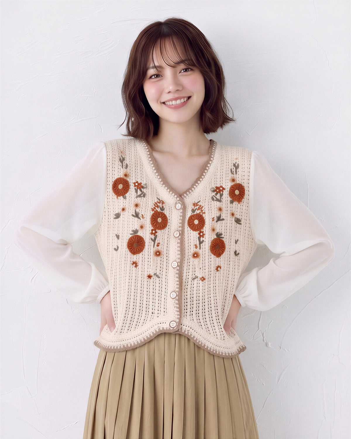 「秋季新品 」花朵刺繡波浪下擺針織衫