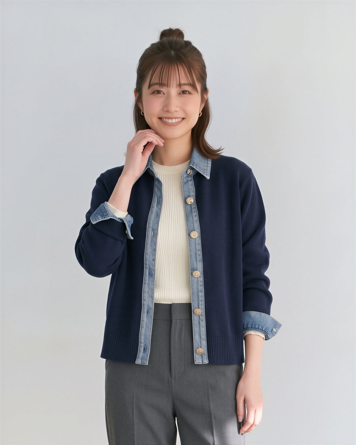 「3色」「秋季新品 」M-XL 拼接翻領短版針織開襟衫