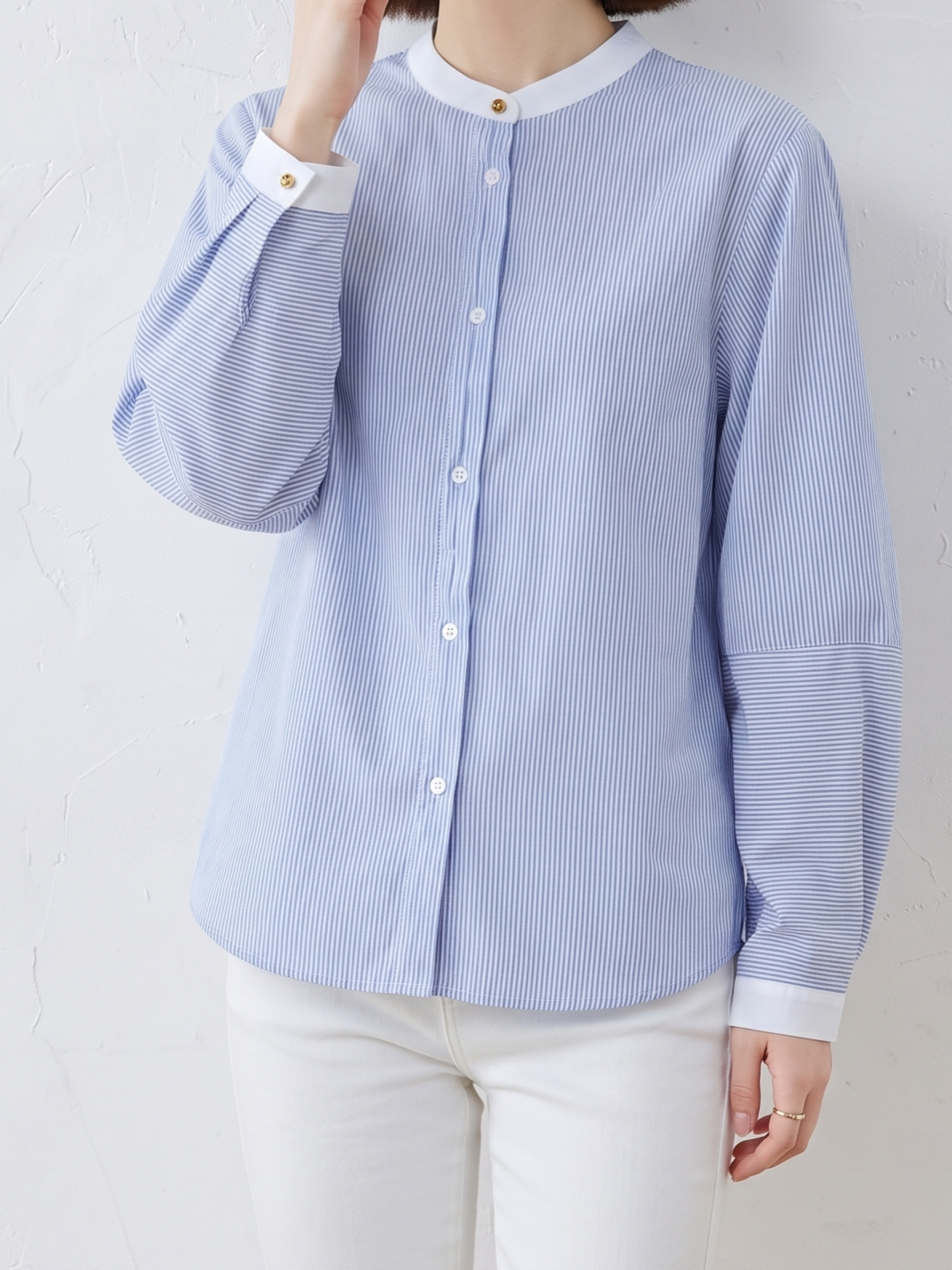 「秋季新品 」 M-2XL 立領條紋燈籠袖襯衫