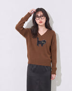 「兩色」S-XL V領鏤空滾邊 | 小貓圖案長袖針織衫