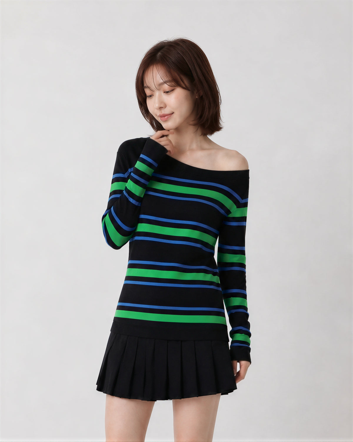 S-XL 露肩條紋修身長袖T恤
