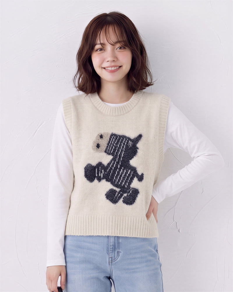 可愛小馬絨感  提花寬鬆針織背心