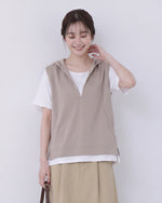 連帽V領開衩假兩件T恤-燕麥色-3XL