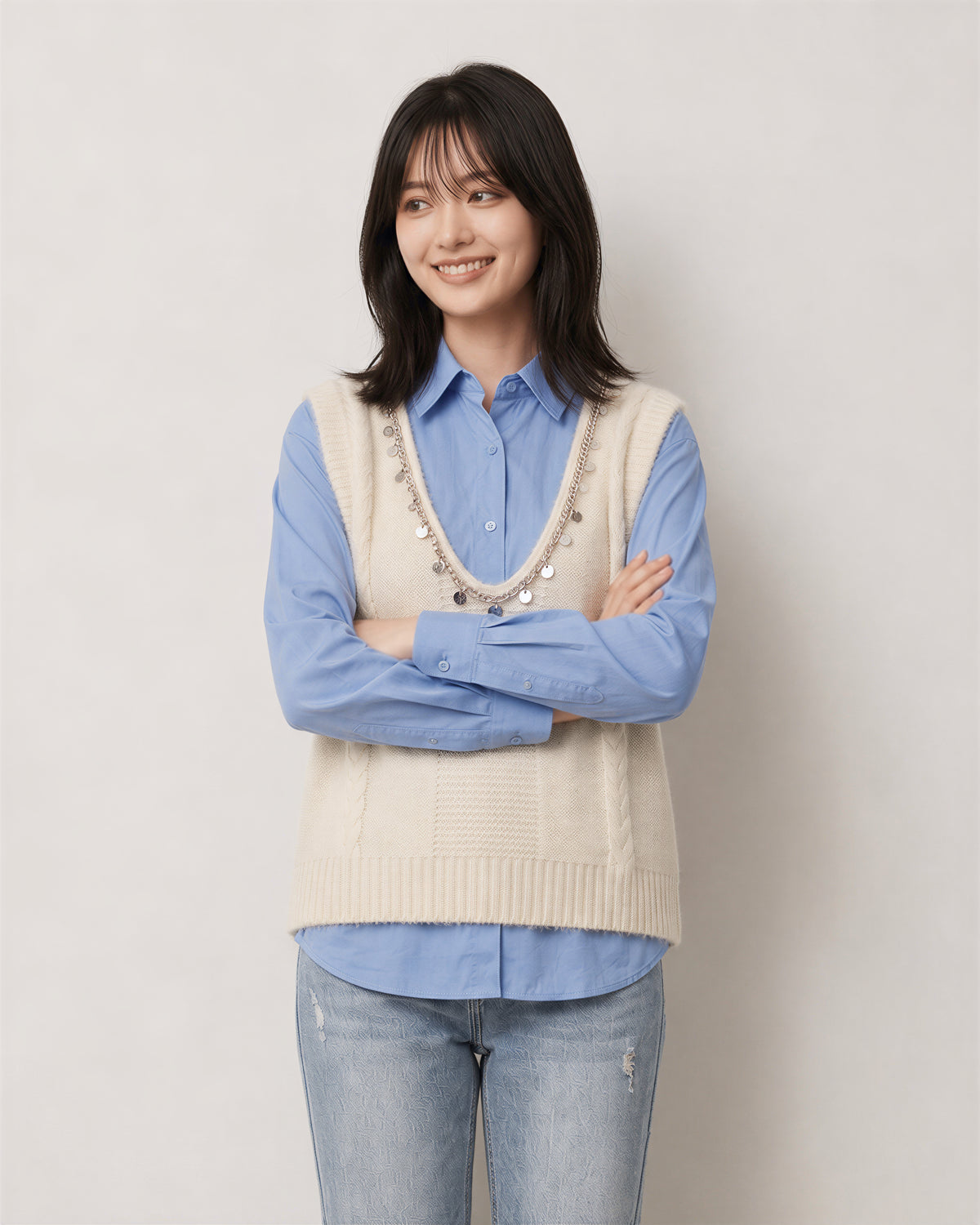 S-XL 米色珠飾V領毛絨感針織背心