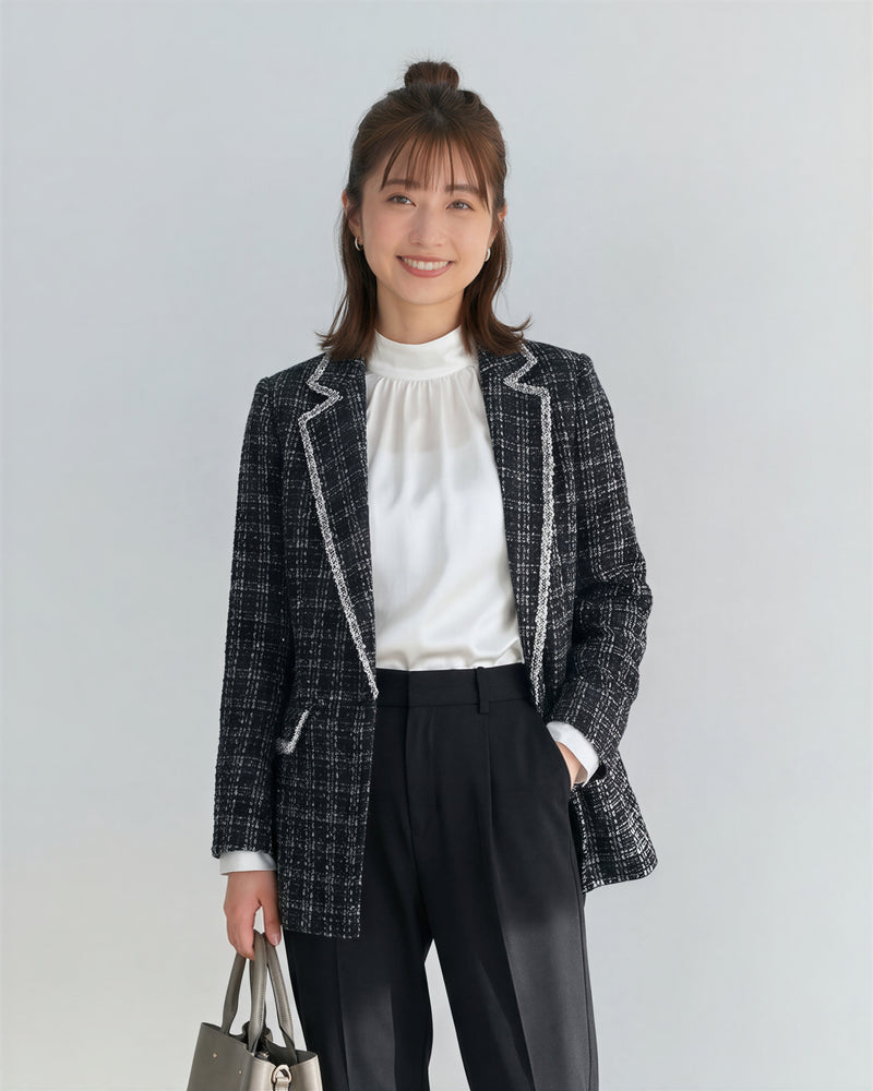 炭黑色粗花呢撞邊修身西裝外套