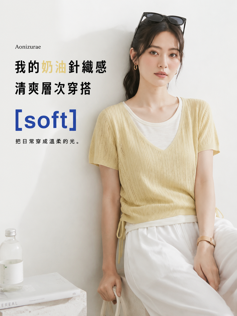 側抽繩V領假兩件針織衫