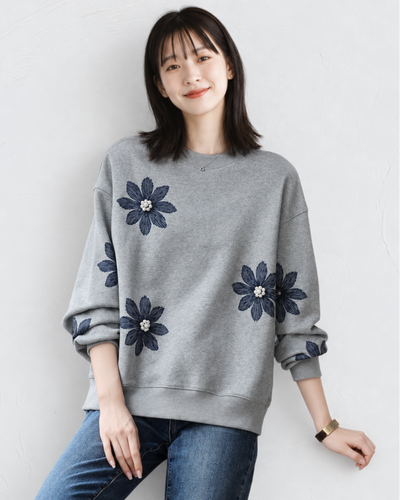 「秋季新品 」S-3XL 立體花朵寬鬆灰色衛衣